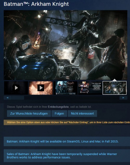 Batman: Arkham Knight - Verkauf bei Steam wegen Performance-Problem eingestellt