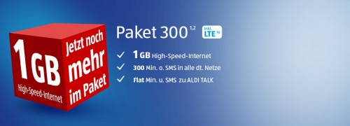 Aldi Talk: Paket 300 ab sofort mit 1 GB Datenvolumen