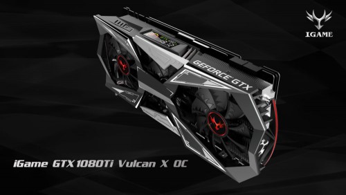 Colorful iGame GTX 1080 Ti Vulcan X OC mit Display auf der Grafikkarte