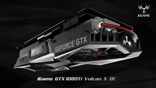 Colorful iGame GTX 1080 Ti Vulcan X OC mit Display auf der Grafikkarte