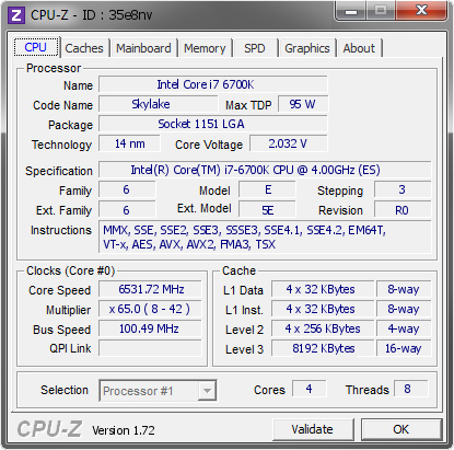 Intel corei7 6700k overclocked 6500mhz