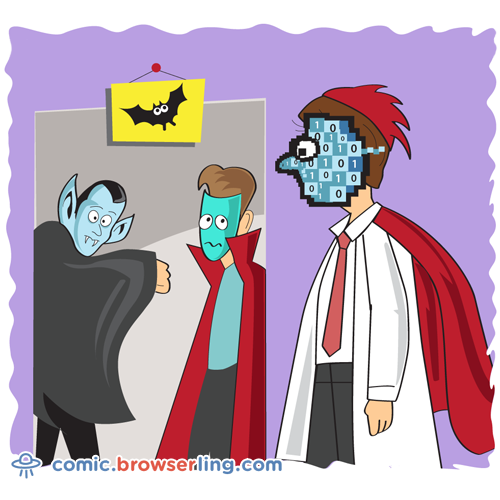 Geek joke: What does a computer scientist wear on Halloween?... A bit mask.

For more nerd comics visit https://comic.browserling.com. New jokes about programming, web and browsers every week!