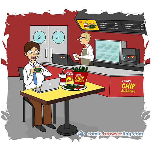 Geek joke: How do programmers like their burgers?... With chips.

For more nerd comics visit https://comic.browserling.com. New jokes about programming, web and browsers every week!
