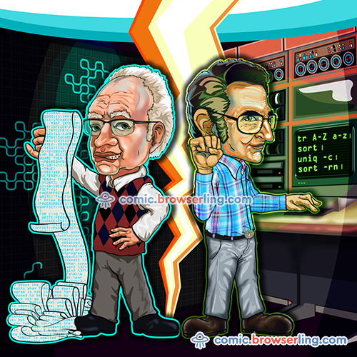 Epic Computer Science Battles: Donald Knuth and literate programming vs Douglas McIlroy and shell one-liners. Who will win?

For more nerd comics visit https://comic.browserling.com. New jokes about programming, web and browsers every week!