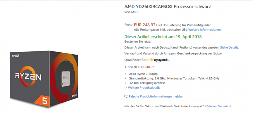 AMD Ryzen 5 2600X: Amazon verrät Release-Datum und Preis