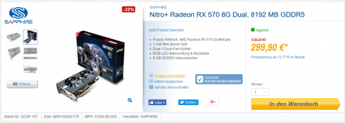Sonderangebot: SAPPHIRE Nitro+ Radeon RX 570 8G Dual für 299 Euro
