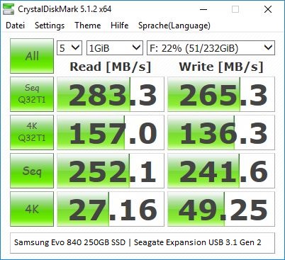 37. Samsung Evo 840 250GB mit Seagate Expansion USB 3.0 Gehäuse am hinteren USB 3.1 Gen2 Anschluss