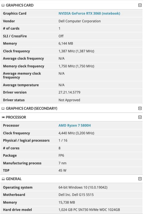 Dell G15 5515: Erster 3DMark-Eintrag mir Ryzen 7 5800H und GeForce RTX 3060