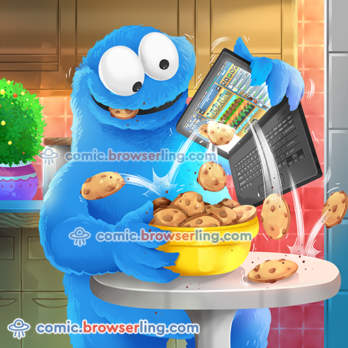 Cookie Monster discovers the Cookie Clicker game.

For more Chrome jokes, Firefox jokes, Safari jokes and Opera jokes visit https://comic.browserling.com. New cartoons, comics and jokes about browsers every week!