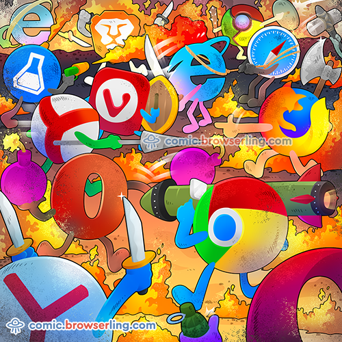 The fight still goes on!

For more Chrome jokes, Firefox jokes, Safari jokes and Opera jokes visit https://comic.browserling.com. New cartoons, comics and jokes about browsers every week!