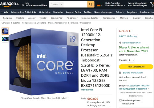 Intel Core i9 12900K bei Amazon bereits zum Bestellen verfügbar