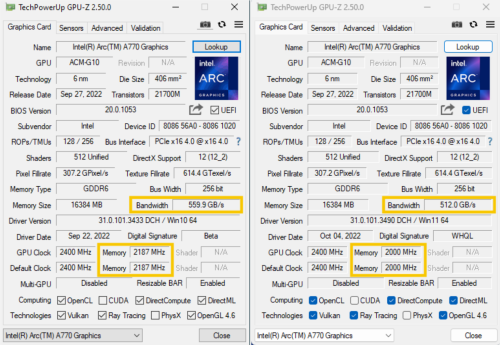 Intel Arc A770: 16-GB-Variante wird nur mit reduzierten Speichertaktraten ausgelesen