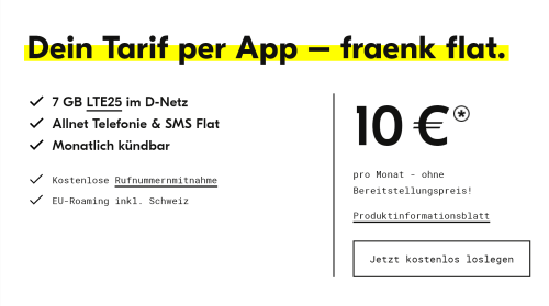 fraenk: Monatliches Datenvolumen wird von 5 auf 7 GB für 10 Euro erhöht