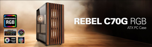 Sharkoon Rebel C70G RGB: Ein Wohnzimmer-Gehäuse mit einer Front aus Holz